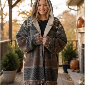 Vintage Denali Fleece Graphic Print Hooded Reversible Jacket Multicolor XL